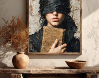 May include: A framed artwork depicts a woman with a black blindfold, holding a gold-colored book. The painting has a vintage aesthetic, with a neutral color palette and a textured background. The artwork is displayed on a wooden table with a vase and a bowl.
