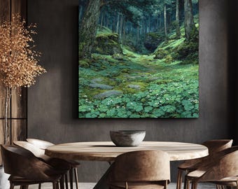 Enchanted Forest Path Wall Art Print, Serene Mossy Woodland Landscape, Lush Green Nature Poster Canvas