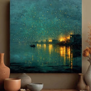May include: An abstract painting depicts a nighttime waterfront scene. The artwork features a teal and turquoise color palette with golden lights reflecting on the water. A small boat is visible, and buildings line the shore.