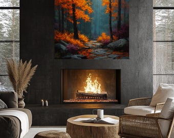 May include: A cozy living room scene featuring a large framed artwork of an autumn forest with a full moon. Below, a fireplace with burning logs provides warmth. The room includes a woven chair, a wooden coffee table, and a woven ottoman, creating a relaxing atmosphere.