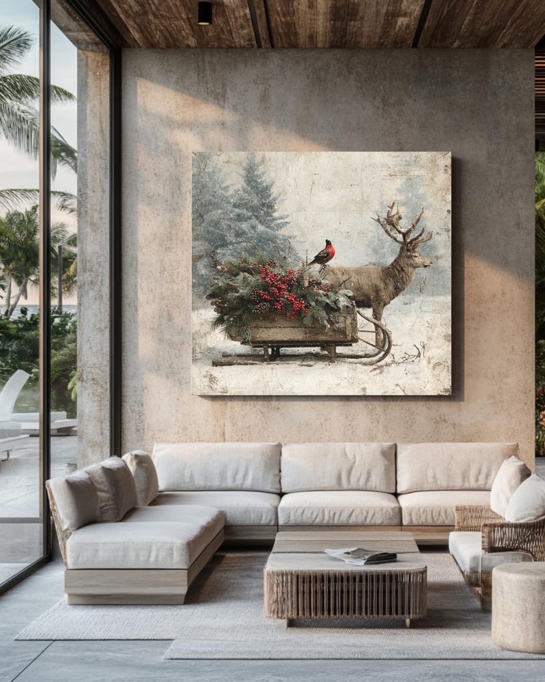 Rustic Winter Deer and Cardinal Wall Art | Vintage Christmas Woodland ...
