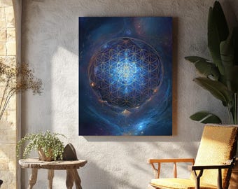 Flower of Life Sacred Geometry Wall Art, Blue Cosmic Energy Mandala Poster, Spiritual Universe Canvas, Metaphysical Meditation Room Decor