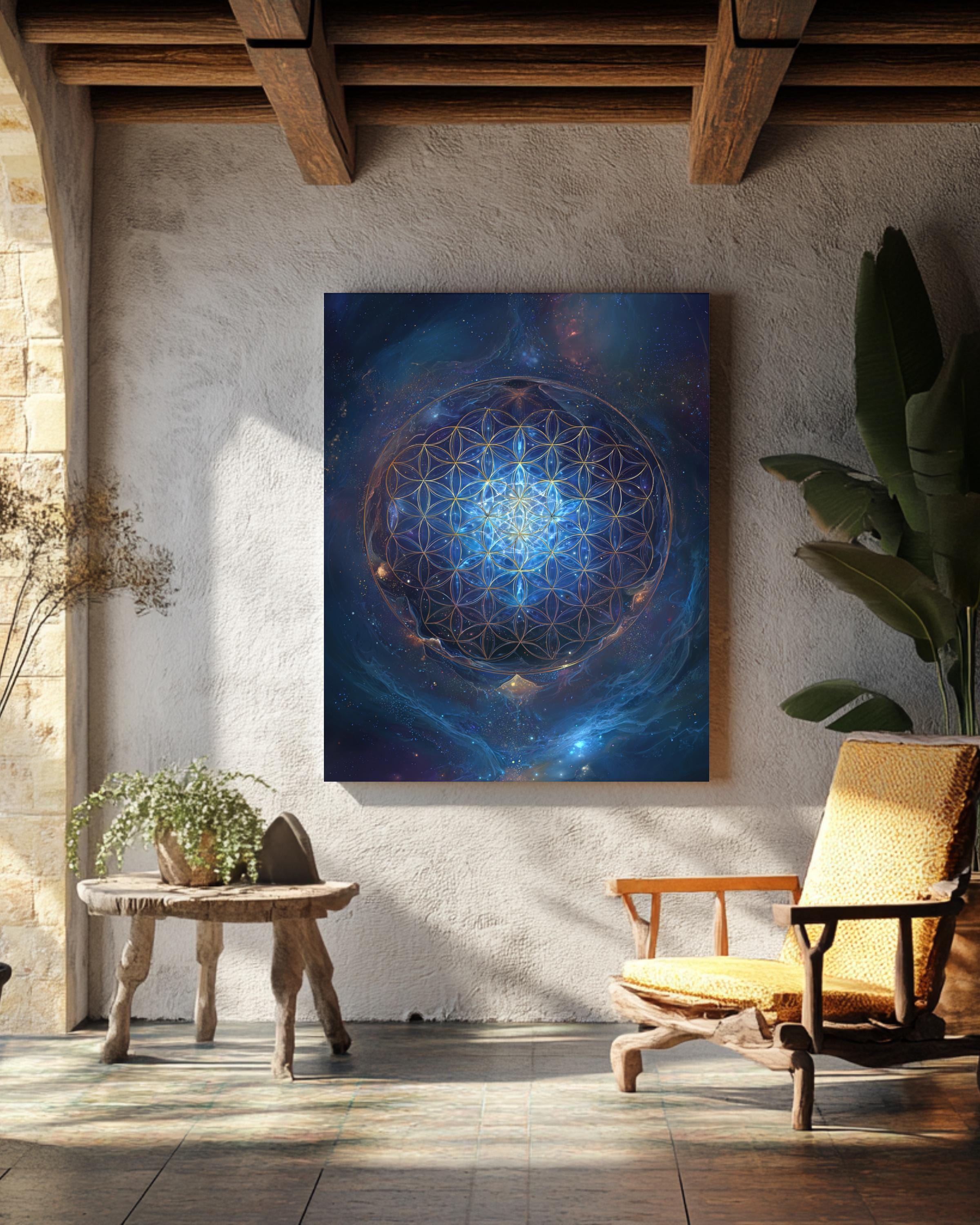 Flower of Life Sacred Geometry Wall Art, Blue Cosmic Energy Mandala ...