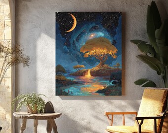 May include: A framed canvas art print depicting a celestial landscape. The artwork features a large tree with golden leaves, a crescent moon, and a starry night sky. A waterfall flows into a river, with a warm, inviting color palette.