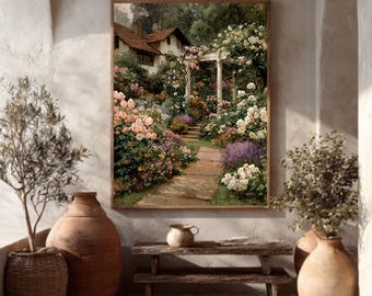 May include: A framed painting depicts a lush garden path leading to a cottage, surrounded by vibrant pink, white, and purple flowers. The artwork is displayed on a neutral-toned wall, with terracotta pots and a wooden bench in the foreground.