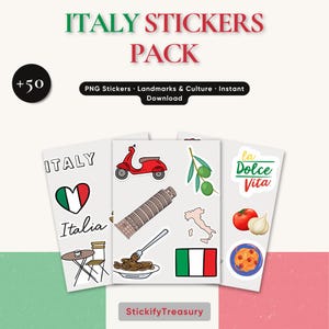 Puede incluir: Un paquete de pegatinas de Italia con símbolos culturales y monumentos emblemáticos. Las pegatinas incluyen un scooter rojo, la Torre de Pisa, la bandera italiana, pasta y las palabras "La Dolce Vita". El paquete contiene más de 50 pegatinas PNG.