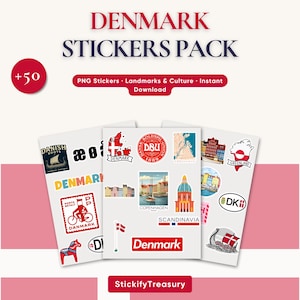 May include: A pack of Denmark stickers featuring various designs, including landmarks, flags, and cultural symbols. The stickers are in PNG format and include the text "DENMARK STICKERS PACK" and "PNG Stickers Landmarks & Culture Instant Download".