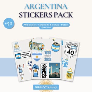 Puede incluir: Un paquete de pegatinas de Argentina con monumentos, cultura y la bandera argentina. Las pegatinas incluyen imágenes de Buenos Aires, la Ruta 40 y jugadores de fútbol. El paquete contiene más de 50 pegatinas PNG.