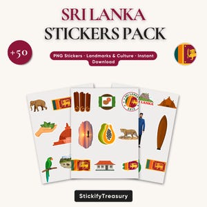 Puede incluir: Un paquete de pegatinas de Sri Lanka con monumentos, cultura y la bandera de Sri Lanka. Las pegatinas incluyen imágenes de un elefante, palitos de canela, una papaya y un tigre. El texto de la imagen dice "SRI LANKA STICKERS PACK".