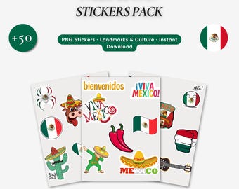 Mexico PNG Sticker Bundle, 50+ Printable Stickers, Flags, Sombreros, Cacti & Landmarks