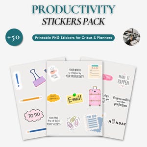 May include: A sticker pack with the text "PRODUCTIVITY STICKERS PACK" and "Printable PNG Stickers for Cricut & Planners". The stickers include a variety of designs, such as a pink suitcase, a coffee cup, and the words "E-mail!" and "TO DO".