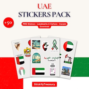May include: A pack of over 50 UAE stickers featuring landmarks and cultural symbols. The stickers include images of Dubai, the UAE flag, and Arabic text. The pack is labeled "UAE Stickers Pack" with the text "PNG Stickers, Landmarks & Culture, Instant Download."