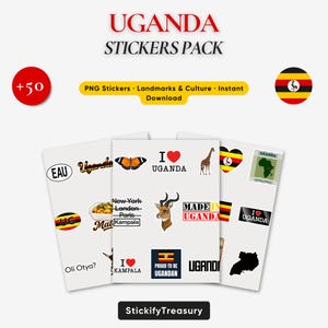 Könnte beinhalten: Ein digitales Sticker-Paket mit über 50 Uganda-Motiven, darunter Wahrzeichen, kulturelle Symbole, Wildtiere und Texte wie I Love Uganda, Made in Uganda und Oli Otya, ergänzt durch verschiedene Formen, Farben und nationale Flaggenmotive.
