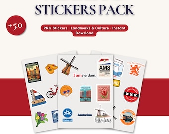 Niederlande Stickers Pack PNG - Amsterdam, Niederländische Wahrzeichen, Windmühlen, Fahrräder, Tulpen, Holland Kultur Digitale Aufkleber