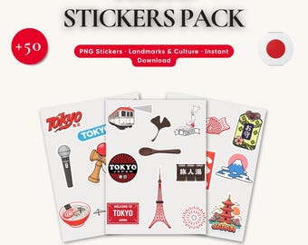 Tokyo Stickers Pack | 50+ Japan PNG Digitale Designs | Wahrzeichen, Kultur & Reiseplaner Set