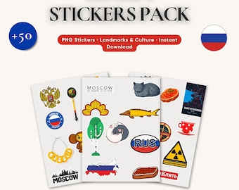 Russland Sticker Pack | 50+ Russland PNG Aufkleber | Moskau, Sehenswürdigkeiten, Kultur, Essen, Karten | Digitaler Download