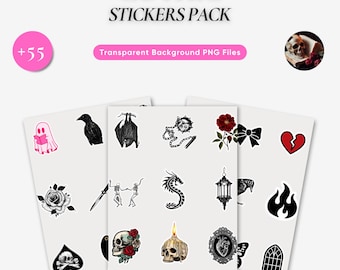 Gothic Digital Sticker Pack, Dark Fantasy PNG Clipart, Skulls Bats Ravens Roses