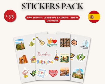 Barcelona Aufkleber | 55+ Digitales PNG Paket | Spanien Wahrzeichen, Gaudi Kunst, Tapas, Reise Aufkleber