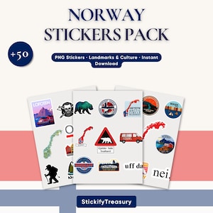 May include: A pack of Norway stickers with various designs, including landmarks, maps, and cultural symbols. The stickers are on white backgrounds and feature text such as "NORWAY STICKERS PACK", "LOFOTEN", and "Gjelder hele Svalbard".