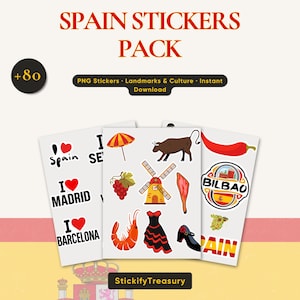 Peut inclure: Un pack d'autocollants numériques comprenant plus de 80 motifs sur le thème de l'Espagne, incluant monuments, culture et texte. La collection présente des illustrations de taureau, moulin, crevette, robe flamenco, piment et textes I Love Spain, Madrid, Barcelona, Bilbao.