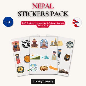 May include: A pack of Nepal-themed stickers featuring various landmarks, cultural symbols, and illustrations. The stickers include images of temples, mountains, and the Nepalese flag. The text on the stickers includes "NEPAL" and "EVEREST BASE CAMP".