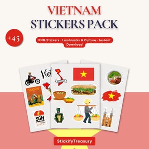 Puede incluir: Un paquete de pegatinas de Vietnam con símbolos culturales y culinarios. Las pegatinas muestran una motocicleta, un mapa, una bandera, un cuenco de sopa, un sándwich y una persona que lleva fruta. El texto en las pegatinas dice "VIETNAM STICKERS PACK".