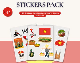 Vietnam Aufkleber | +45 PNG Reise-Aufkleber | Sehenswürdigkeiten, Essen, Kultur | Digitaler Download