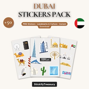 May include: A pack of Dubai-themed stickers featuring iconic landmarks and cultural symbols. The stickers include images of the Burj Khalifa, a camel, and a mosque. The pack includes over 50 PNG stickers. The text "DUBAI STICKERS PACK" is displayed at the top.