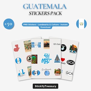 May include: A digital pack of over 50 Guatemala-themed stickers featuring landmarks, cultural symbols, and text like Orgullo Chapin, Tikal, and 100% Chapin. The collection includes various shapes, colours, and designs representing the country's heritage.