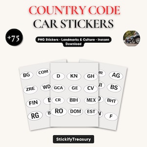 May include: White oval car stickers with country codes, including BG, COM, D, KN, GH, and more. The text "COUNTRY CODE CAR STICKERS" is at the top, with "PNG Stickers • Landmarks & Culture • Instant Download" below. The image also includes the text "+75" and "StickifyTreasury".
