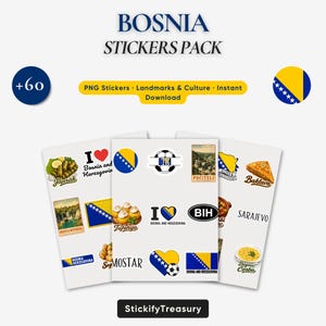 May include: A digital sticker pack featuring over 60 designs related to Bosnia and Herzegovina. The collection includes illustrations of national landmarks, traditional food like baklava and tufahija, the national flag, and text-based graphics.