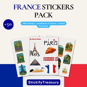 Franska klistermärkespaket (50+) – Reselandmärken i Paris och Frankrike | Digitala PNG-klippboksklistermärken