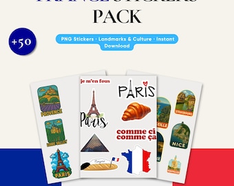 French Stickers Bundle (50+) – Paris & France Travel Landmarks | Digital PNG Scrapbook Stickers