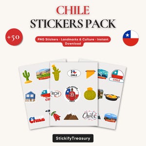 Pode incluir: Um pacote de autocolantes do Chile com vários designs, incluindo um cacto, uma montanha e a bandeira chilena. O texto "CHILE STICKERS PACK" é exibido no topo, com "+50" e "PNG Stickers". Os autocolantes estão disponíveis para download instantâneo.