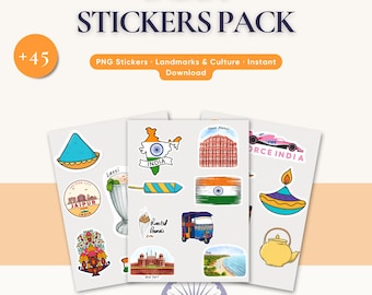 India Sticker Bundle +45 Indian Landmarks, Food, Culture & Travel Icons | Digital PNG Sticker Pack