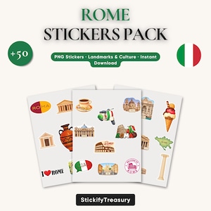 May include: A pack of Rome stickers featuring iconic landmarks and cultural symbols. The stickers include images of the Colosseum, a Vespa scooter, and Italian flag. The text on the stickers includes "ROME", "CIAO", and "I ❤️ ROME".