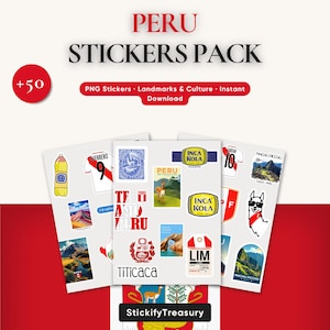 May include: A collection of Peru-themed stickers with designs of landmarks and cultural symbols, with the text "PERU STICKERS PACK". The stickers are displayed on white cards against a red and white background. The pack contains over 50 PNG stickers.