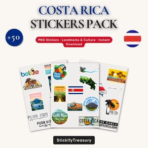 Könnte beinhalten: Ein Paket mit Costa Rica-Aufklebern mit Sehenswürdigkeiten, Kultur und dem Ausdruck "Pura Vida". Die Aufkleber zeigen einen Tukan, eine Karte und die costa-ricanische Flagge. Der Text "Costa Rica Stickers Pack" steht oben.
