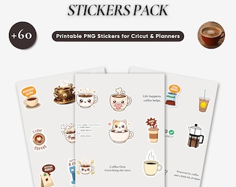 Coffee Sticker Pack PNG, Kawaii Cup Clipart, Digital Download Bundle