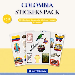 Puede incluir: Un paquete de pegatinas con temática de Colombia que presenta varios diseños, incluyendo la bandera colombiana, monumentos y símbolos culturales. Las pegatinas son de varias formas y tamaños, con el texto "COLOMBIA STICKERS PACK" en la parte superior.