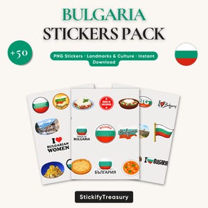 Op de afbeelding: Een pakket Bulgarije-stickers met de Bulgaarse vlag, bezienswaardigheden en culturele elementen. De stickers zijn in PNG-formaat en bevatten de tekst "Bulgaria Stickers Pack" en "PNG Stickers Landmarks & Culture Instant Download".