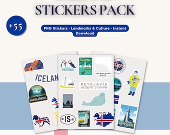 Island Sticker Pack | 55+ PNG Reise-Aufkleber | Island Sehenswürdigkeiten, Reykjavik, Natur & Kultur | Digitaler Download