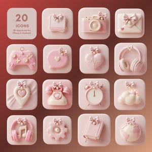 May include: A set of 20 3D app icons for iPhone and Android featuring a soft pink color palette. Each square icon displays a unique object such as a camera, game controller, heart, headphones, telephone, alarm clock, cloud, and globe with bows.