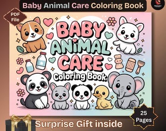 Kawaii Coloring Pages(25 Sheets): Baby Animals Coloring Book for Kids, PDF (Digital Download)