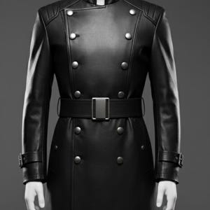May include: A long, black leather coat with a double-breasted design. The coat features a belted waist, silver-coloured buttons, and a high collar. The sleeves have buttoned cuffs. The coat is displayed on a mannequin.