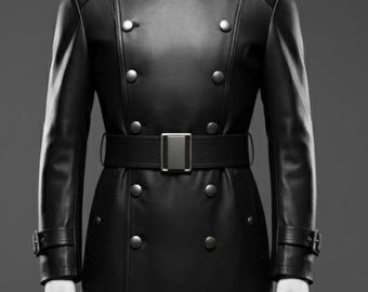 Gabardina militar negra para hombre / Abrigo largo de cuero cruzado / Chaqueta de oficial gótica steampunk