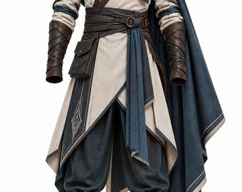 May include: A layered outfit consisting of a cream-colored tunic with dark blue trim, dark blue trousers, and a matching blue hooded cloak. The ensemble includes brown leather arm guards, a wide brown waist belt with a small pouch, and brown boots.