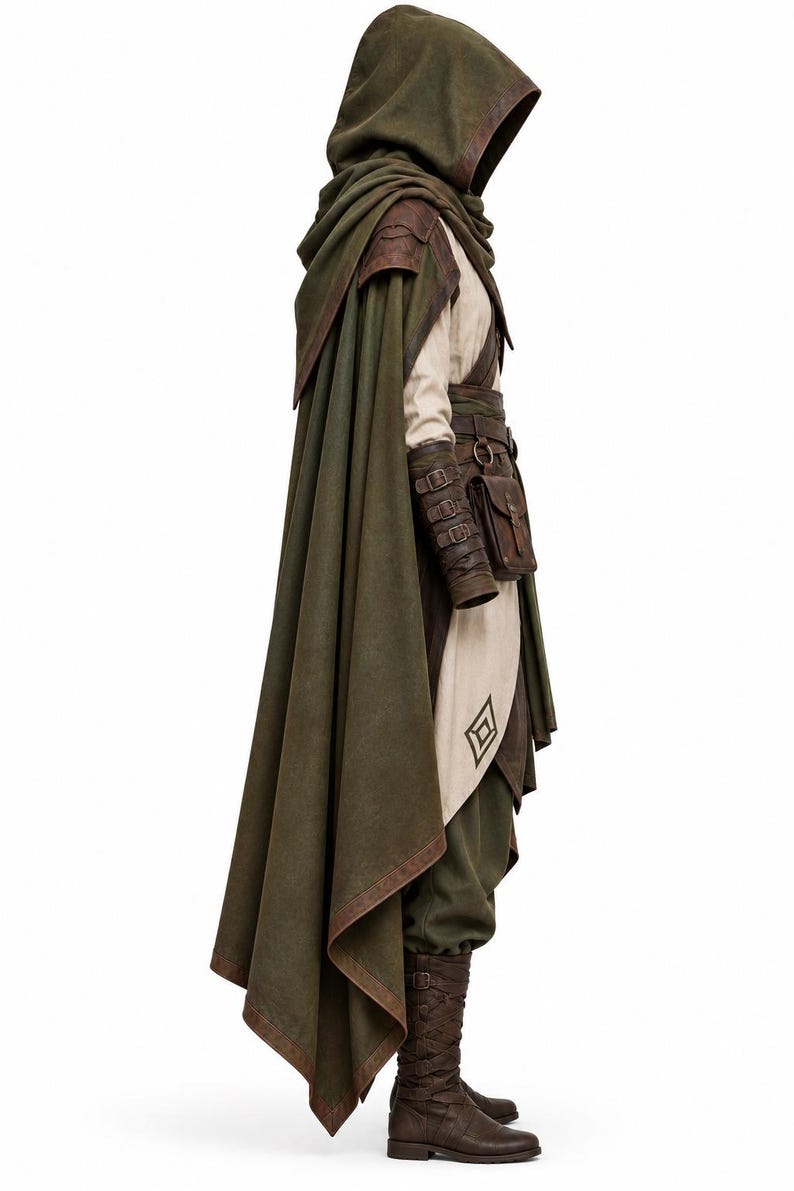 May include: A hooded olive green cloak worn over a beige tunic and dark green trousers. The outfit includes brown leather bracers with buckles, a brown leather belt with an attached pouch, and brown lace-up boots. A diamond-shaped emblem is visible.