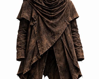 Post Apocalyptic Hooded Coat – Assassin Medieval Cloak Jacket – Distressed Brown Gothic Trench