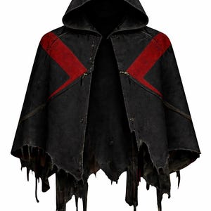 Dark Fantasy Assassin Umhang, Umhang mit Kapuze, rote Akzente, mittelalterliche Cosplay